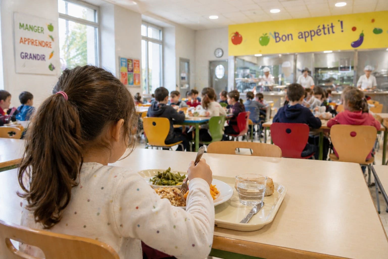 Élève à la cantine scolaire devant son plateau-repas équilibré